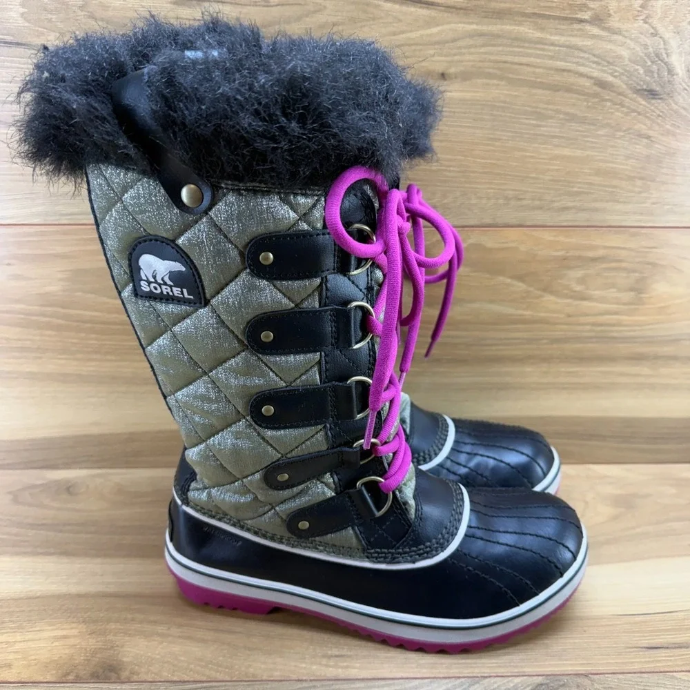 Sorel Tofino Nori Blush Snow‎ Boots Womens 7 Black Waterproof Faux Fur Tall